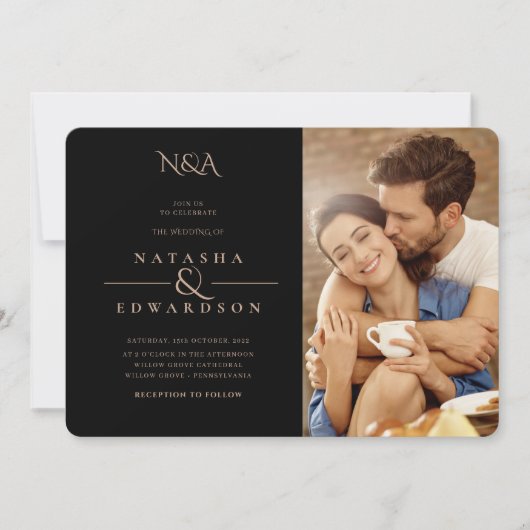 モダン金ゴールドと黒抽象芸術写真結婚の 招待状 (正面)