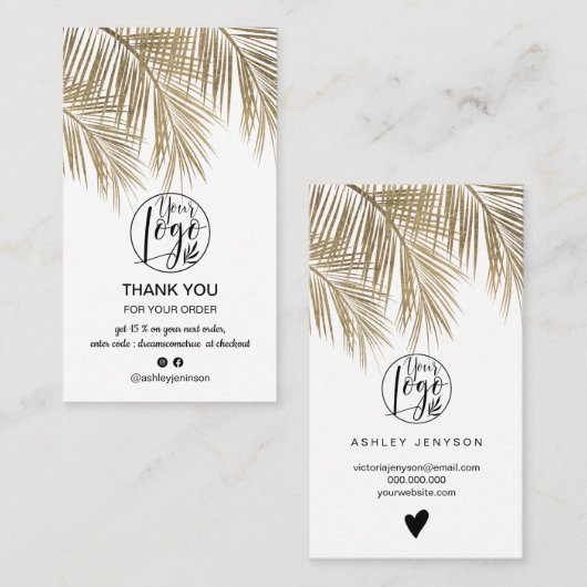 モダン金ゴールドのクールPalm Leafのロゴの感謝してい順 名刺 (正面/裏面)