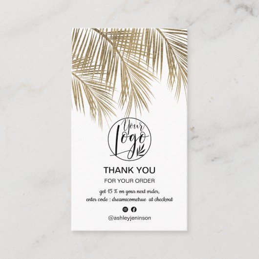 モダン金ゴールドのクールPalm Leafのロゴの感謝してい順 名刺 (正面)