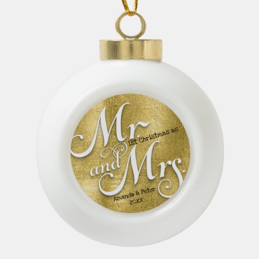 モダン金ゴールドの初めてのクリスマス新着写真  セラミックボールオーナメント (正面)