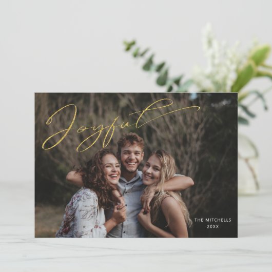 モダン金ゴールドの喜び書道台本の写真 シーズンカード (スタンド正面)