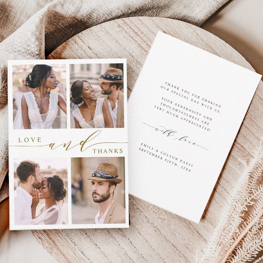 モダン金ゴールドの愛感謝していと4写真結婚の サンキューカード