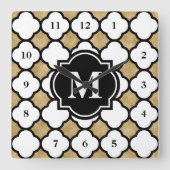 モダン金ゴールドの白いジオメトリクローバーモノグラムの スクエア壁時計 (正面)