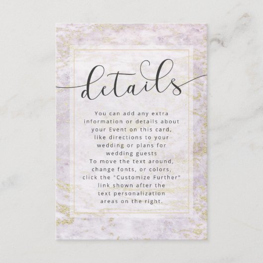 モダン金ゴールドの詳細とバイオレット結婚のビー玉 エンクロージャーカード (正面)