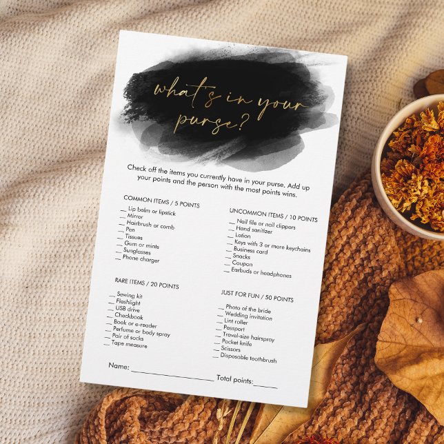 モダン金ゴールドの財布ブライダルシャワーゲーム (modern minimalist black and gold "WHAT's in your purse" bridal shower game)