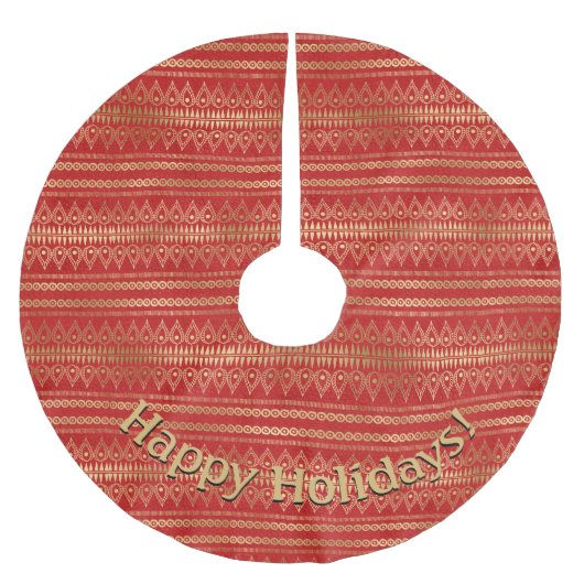 モダン金ゴールドの赤いパターンのメッセージの追加 ブラッシュドポリエステルツリースカート (正面)