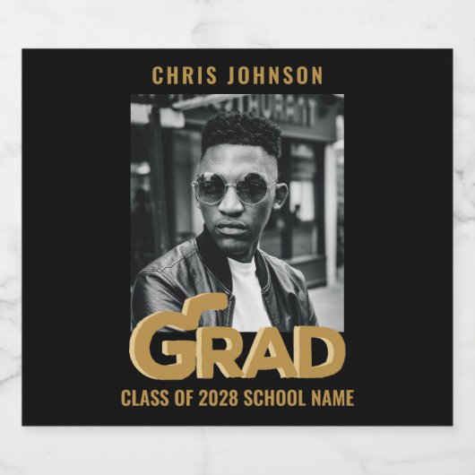 モダン金ゴールドはっきりしたタイポグラフィ写真卒業パーティー ビールラベル (シングルラベル)