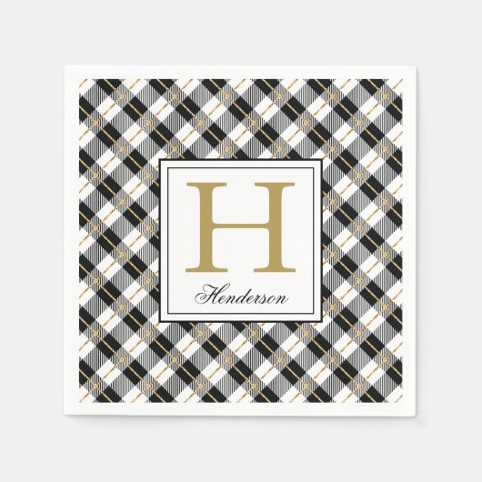 モダン金ゴールドアクセント付きのチェックモノグラムの、 スタンダードカクテルナプキン (正面)