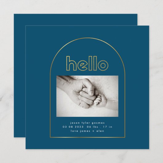 モダン金ゴールドアーチフォイルhello男の赤ちゃん誕生 案内状 (正面/裏面)
