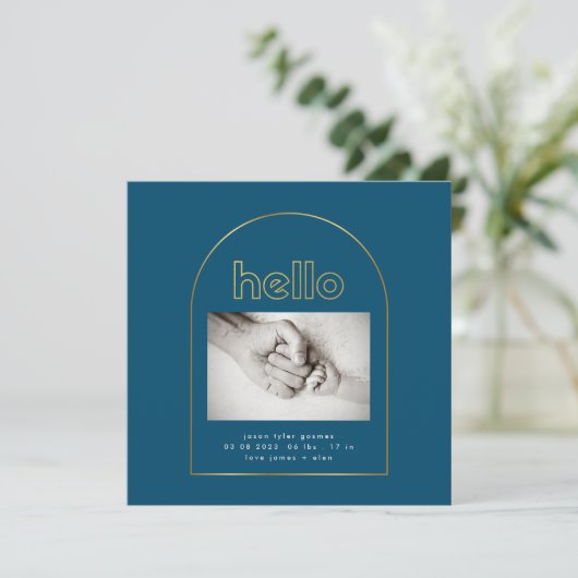 モダン金ゴールドアーチフォイルhello男の赤ちゃん誕生 案内状 (スタンド正面)