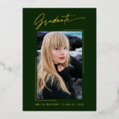 モダン金ゴールドインクスクリプトエメラルドグラッドフォトカード 箔招待状 (正面)