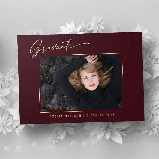 モダン金ゴールドインクスクリプトバーガンディ写真グラードカード 箔招待状