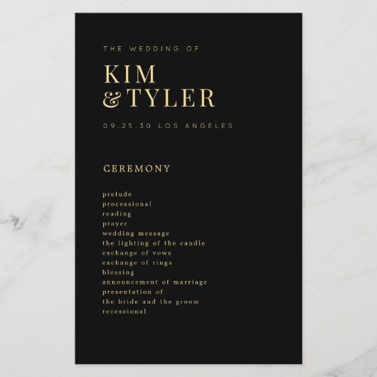 モダン金ゴールドエレガントと黒の結婚式プログラム チラシ (正面)