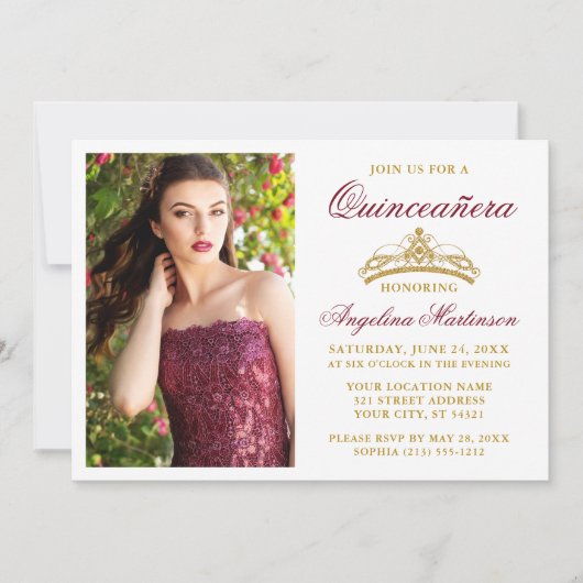 モダン金ゴールドエレガントクラウンブルゴーニュキンセアニェラ 招待状 (正面)