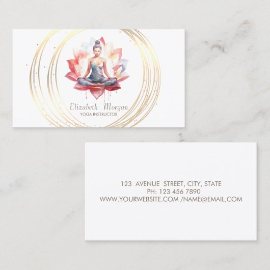 モダン金ゴールドエレガントサークルヨガガガールロータス 名刺 (正面/裏面)