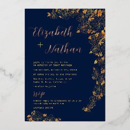 モダン金ゴールドエレガントフローラネイビーブルー結婚ズ 箔招待状