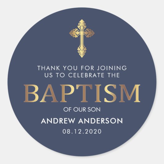 モダン金ゴールドエレガント&ネイビーブルーバプテスマ ラウンドシール (正面)