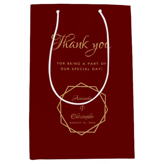モダン金ゴールドオンBurgundy幾何学的結婚式の引き出物 ミディアムペーパーバッグ (正面)