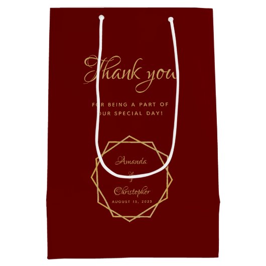 モダン金ゴールドオンBurgundy幾何学的結婚式の引き出物 ミディアムペーパーバッグ (裏面)