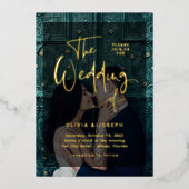 モダン金ゴールドオーバーレイ |写真結婚の 箔招待状 (正面)