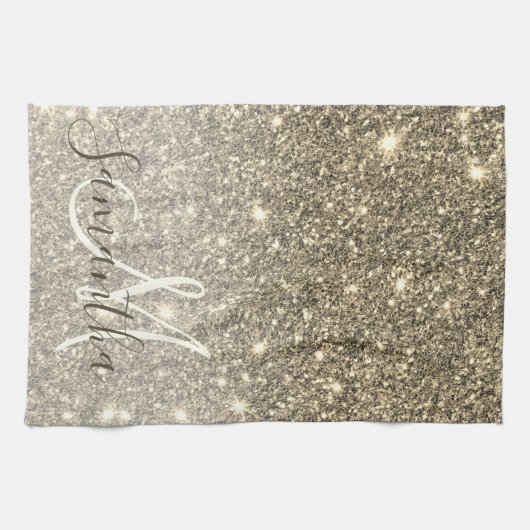 モダン金ゴールドグリッターのスパパーソナライズされたクル名 キッチンタオル (横)