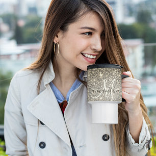 モダン金ゴールドグリッターのスパパーソナライズされたクル名 トラベルマグ