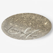 モダン金ゴールドグリッターのスパパーソナライズされたクル名 ペーパープレート (アングル)