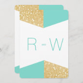 モダン金ゴールドグリッターティール(緑がかった色)結婚式招待状 招待状 (正面/裏面)