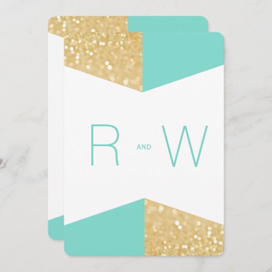 モダン金ゴールドグリッターティール（緑がかった色）結婚式招待状 招待状 (正面/裏面)