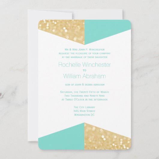 モダン金ゴールドグリッターティール（緑がかった色）結婚式招待状 招待状 (裏面)