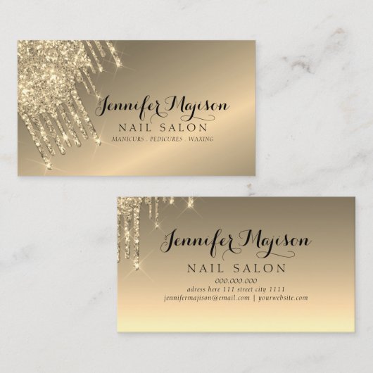 モダン金ゴールドグリッタードリップネイルサロンエレガント金ゴールド 名刺 (正面/裏面)