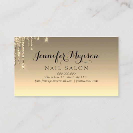 モダン金ゴールドグリッタードリップネイルサロンエレガント金ゴールド 名刺 (裏面)