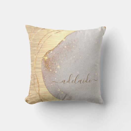 モダン金ゴールドグリッターブラシ仕上げ金属モノグラム名 クッション (正面)