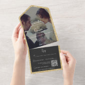 モダン金ゴールドグリッターブラックフォトQRコード オールインワン招待状 (貼ってはがせる)