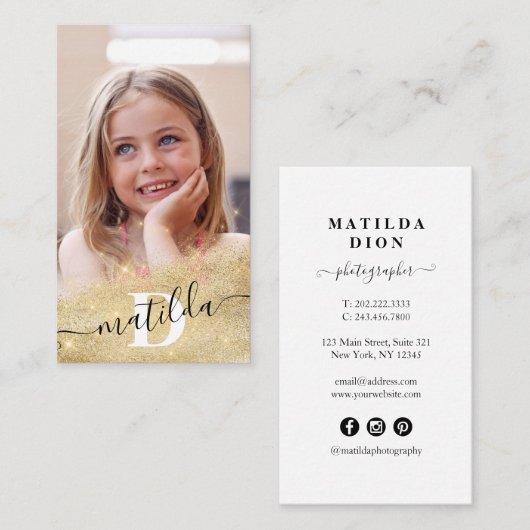 モダン金ゴールドグリッター写真 名刺 (正面/裏面)