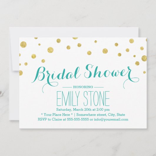 モダン金ゴールドグリッター紙吹雪ドットブライダルシャワー 招待状 (正面)