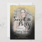 モダン金ゴールドグリッター黒グラデーション写真甘い16 招待状 (正面)