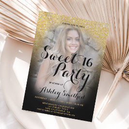 モダン金ゴールドグリッター黒グラデーション写真甘い16 招待状