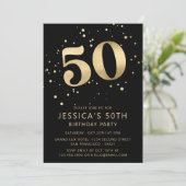 モダン金ゴールドグリッター50th五十誕生日 | ブラック 招待状 (スタンド正面)