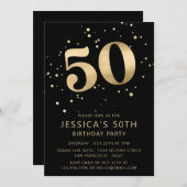 モダン金ゴールドグリッター50th五十誕生日 | ブラック 招待状 (正面/裏面)