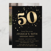 モダン金ゴールドグリッター50th5誕生日写真 招待状 (正面/裏面)