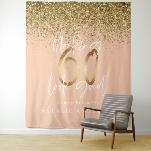 モダン金ゴールドグリッター60th誕生日パーティーデコテープ タペストリー (インサイチュ)