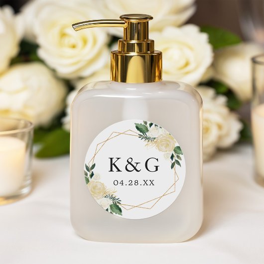 モダン金ゴールドグリーンフローラ結婚日付モノグラム ラウンドシール