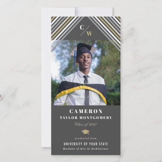 モダン金ゴールドグレー斜めストライプ写真卒業 案内状 (正面)