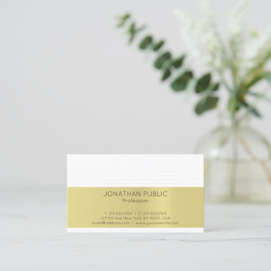 モダン金ゴールドシストライプック白プレミニマルイントレンディー 名刺 (スタンド正面)