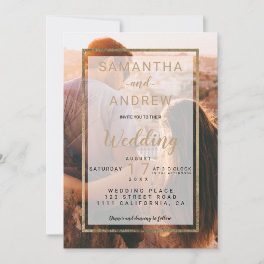 モダン金ゴールドシンプルモノグラ結婚ム写真 招待状 (正面)