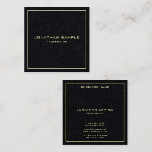 モダン金ゴールドシンプル文字エレガントプレミアムブラック スクエア名刺 (正面/裏面)