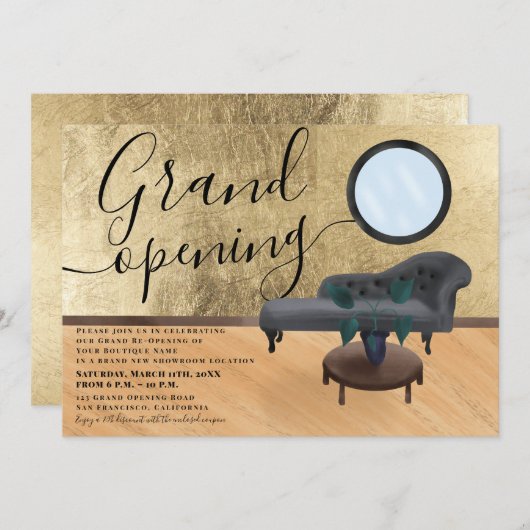 モダン金ゴールドシーン美しいサロングランドオープン 招待状 (正面/裏面)