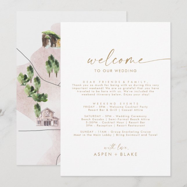 モダン金ゴールドスクリプトのウェルカムレターの旅程とマップ (正面/裏面)