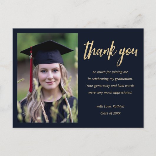 モダン金ゴールドスクリプトのミニマル写真卒業 ポストカード (正面)